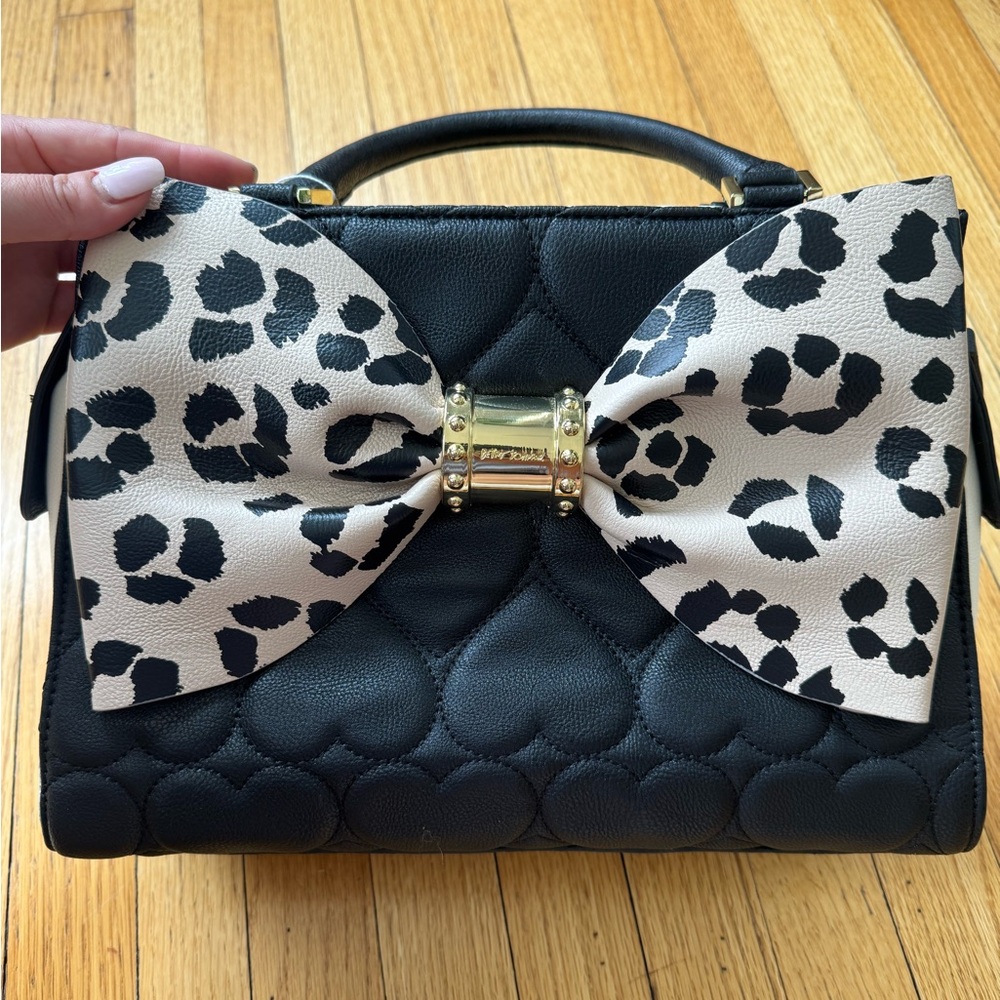 Betsy Johnson Black Quilted Handbag with Leopard Bow